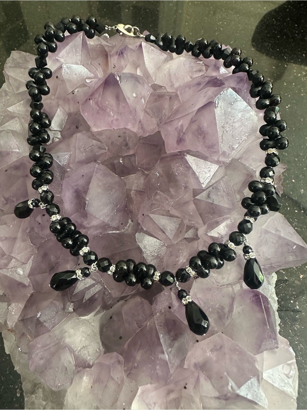 Vintage genuine Black onyx crystals, Beaded Teardrop Necklace